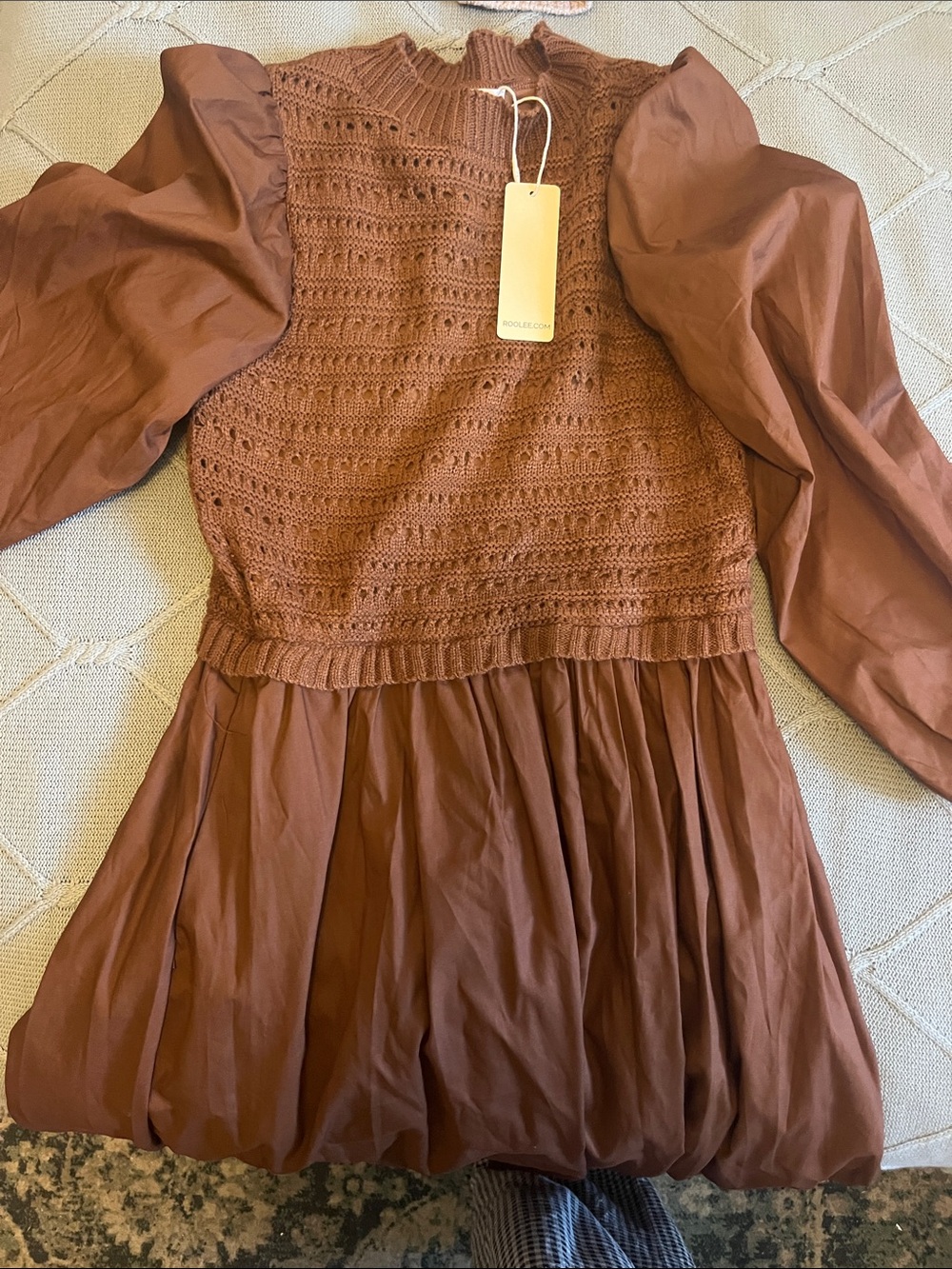 Roolee Puff Sleeve Crochet Bodice Dress in Rust